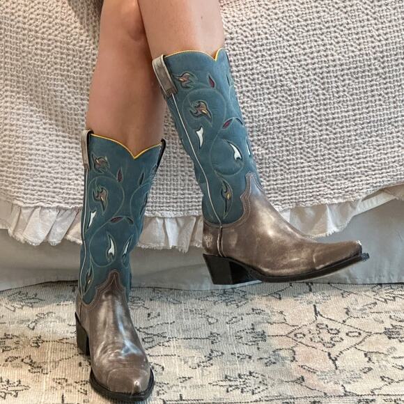 Frye Vintage Floral Blue Leather Pointed Tow Cowgirl Boots 8.5 - Picture 7 of 9